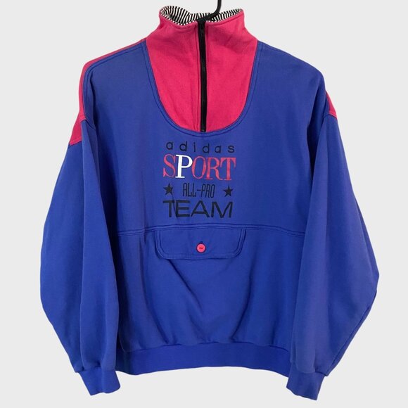Vintage Adidas Sports Sweatshirt Blue/Pink Women's Medium Quarter-Zip Pullover - Picture 1 of 13